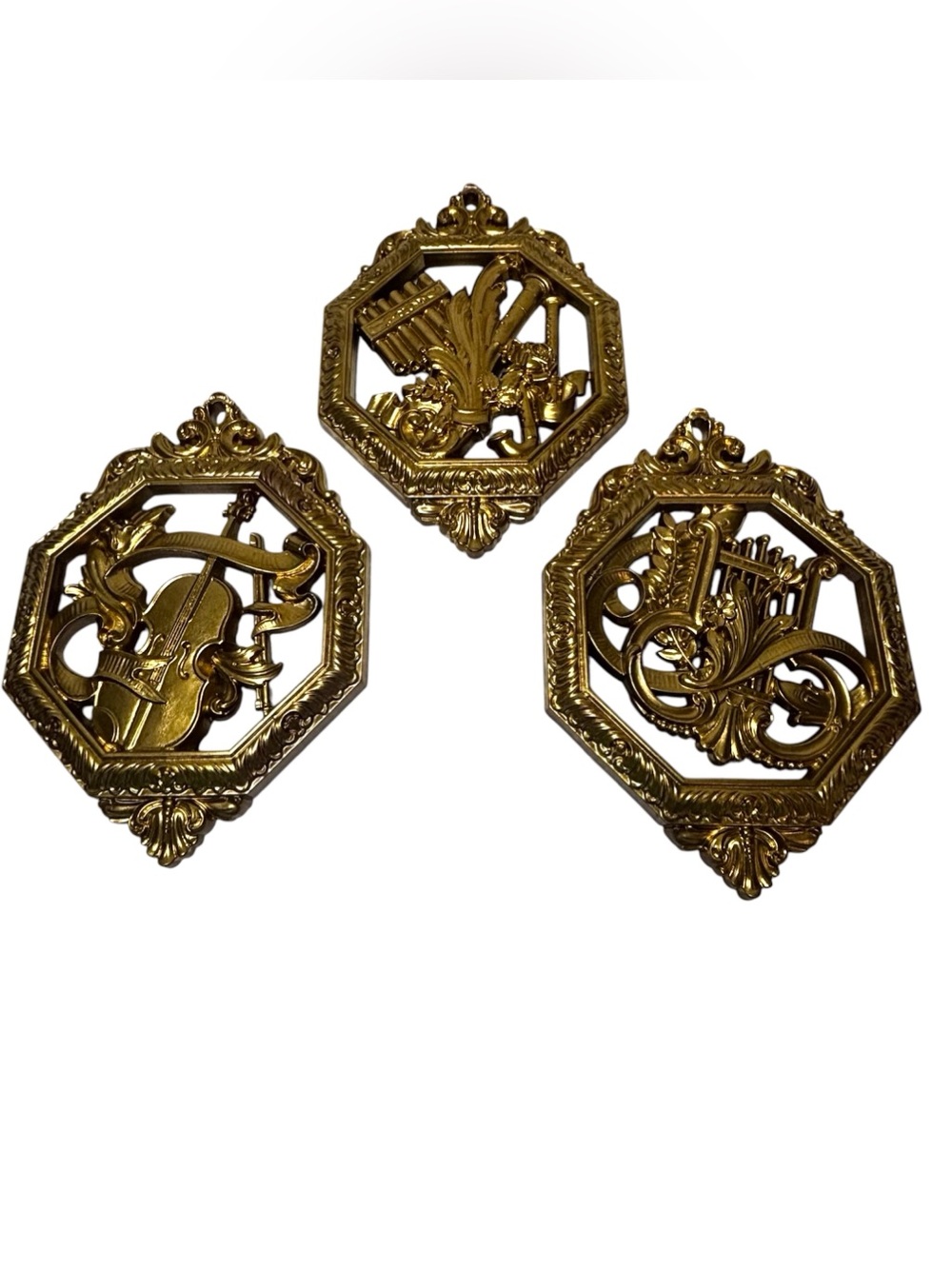 Dart Industries Homco Gold Hollywood Regency Musical Instrument Wall Plaques (3)